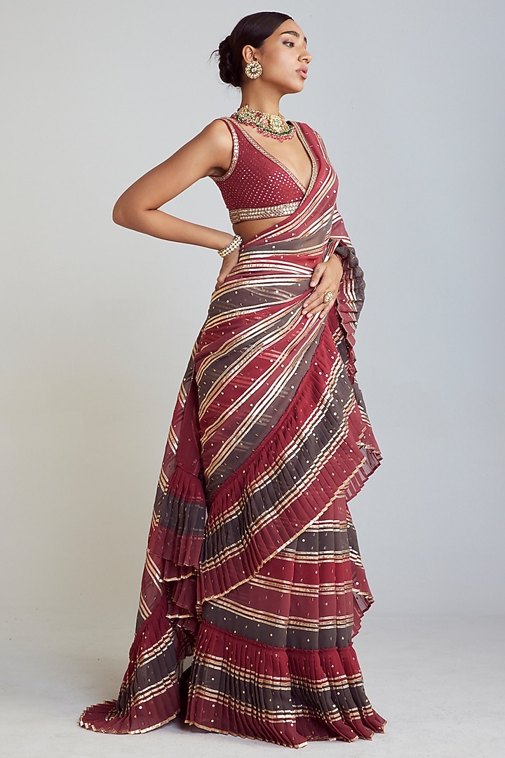 Multi-Colored Georgette Pre-Draped Wedding Saree Set by Vvani by Vani Vats at Pernia's Pop Up Shop