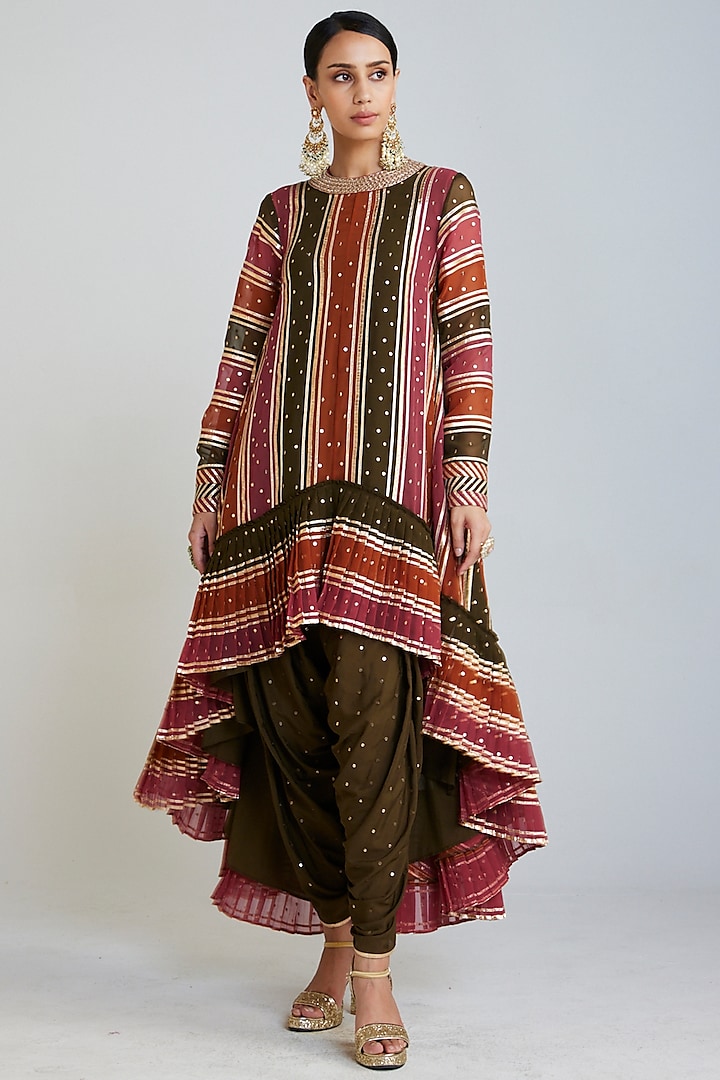 Multi-Colored Georgette Asymmetrical Embroidered Kurta Set by Vvani by Vani Vats at Pernia's Pop Up Shop
