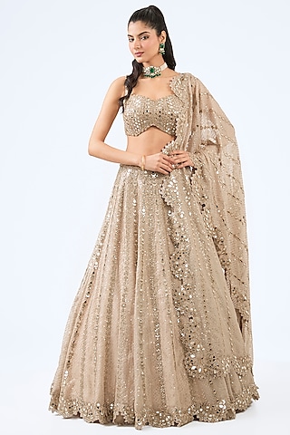 Light Beige Organza Sequins Hand Embroidered Lehenga Set by Vvani By Vani Vats
