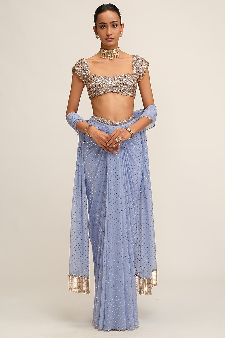 Dew Blue Georgette Sequins Embroidered Draped Skirt Set by Vvani By Vani Vats at Pernia's Pop Up Shop