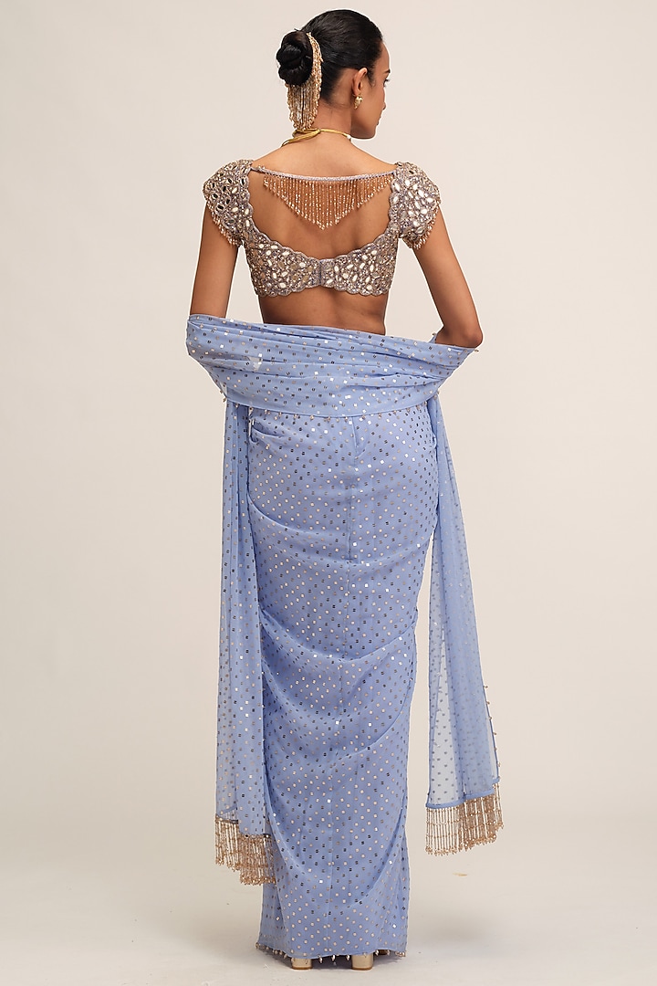 Dew Blue Georgette Sequins Embroidered Draped Skirt Set by Vvani By Vani Vats at Pernia's Pop Up Shop
