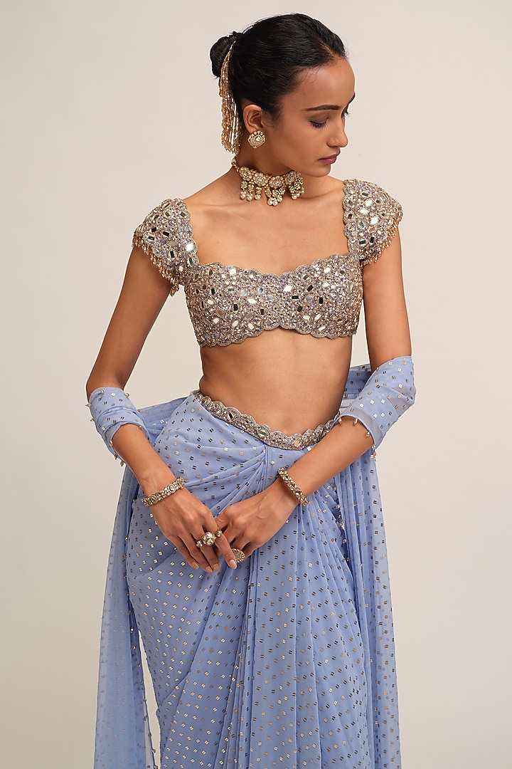 Dew Blue Georgette Sequins Embroidered Draped Skirt Set by Vvani By Vani Vats at Pernia's Pop Up Shop