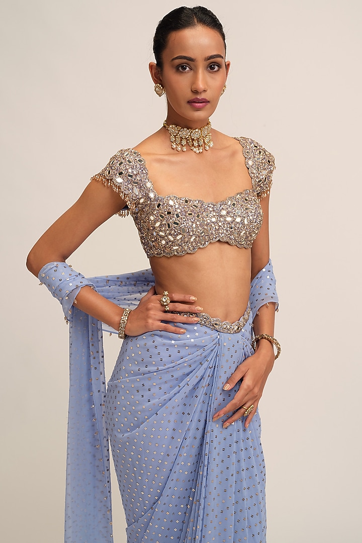 Dew Blue Georgette Sequins Embroidered Draped Skirt Set by Vvani By Vani Vats at Pernia's Pop Up Shop