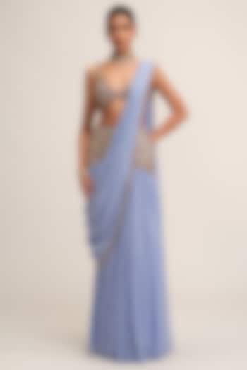 Dew Blue Georgette Sequins Embroidered Draped Reception Saree Set by Vvani By Vani Vats at Pernia's Pop Up Shop