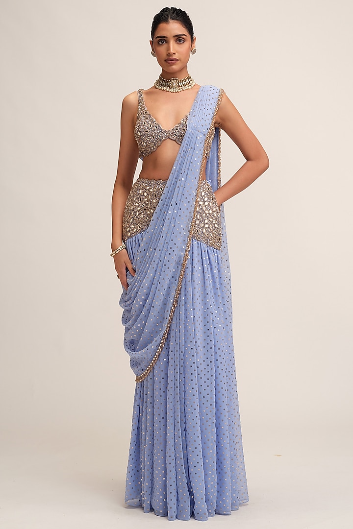 Dew Blue Georgette Sequins Embroidered Draped Reception Saree Set by Vvani By Vani Vats at Pernia's Pop Up Shop