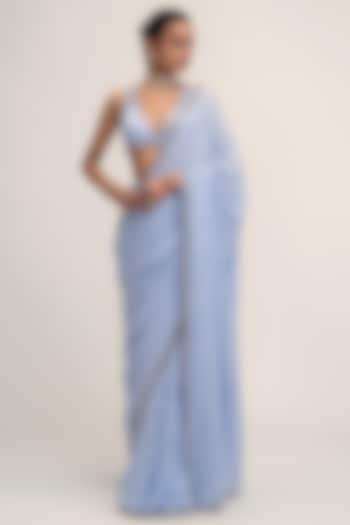 Dew Blue Crepe Sequins Embroidered Draped Reception Saree Set by Vvani By Vani Vats at Pernia's Pop Up Shop