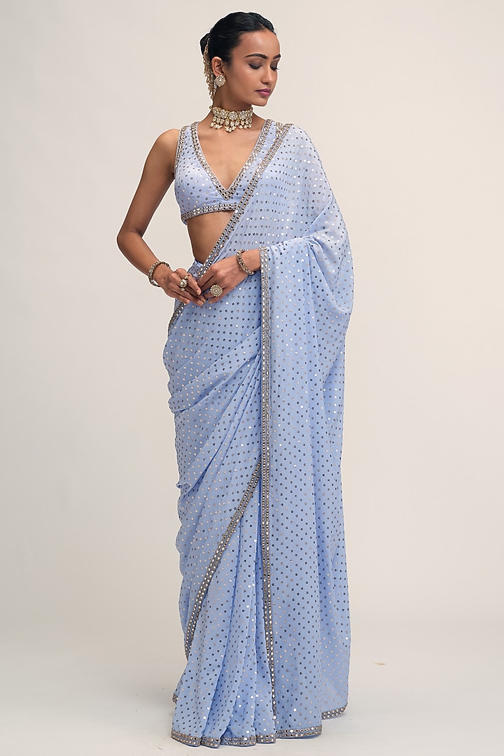 Dew Blue Crepe Sequins Embroidered Draped Reception Saree Set by Vvani By Vani Vats at Pernia's Pop Up Shop