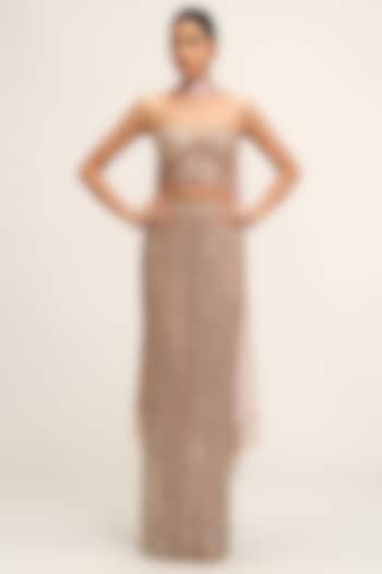 Ash Pink Georgette Cutwork Circular Pencil Skirt Set by Vvani By Vani Vats at Pernia's Pop Up Shop