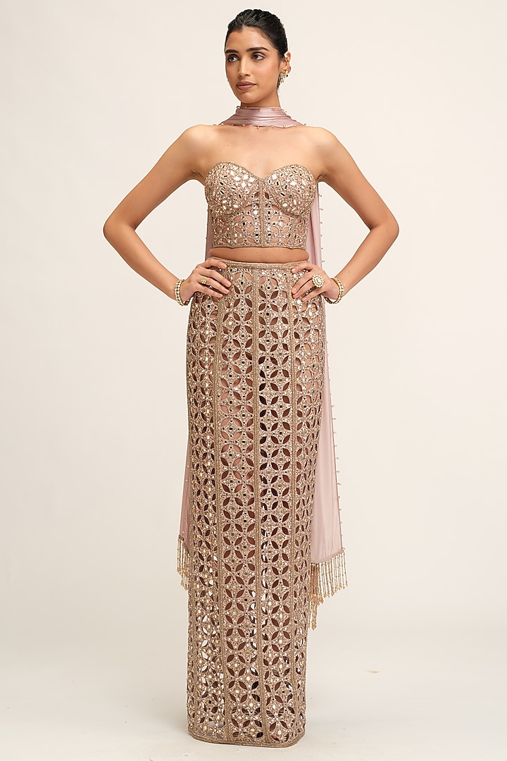 Ash Pink Georgette Cutwork Circular Pencil Skirt Set by Vvani By Vani Vats at Pernia's Pop Up Shop