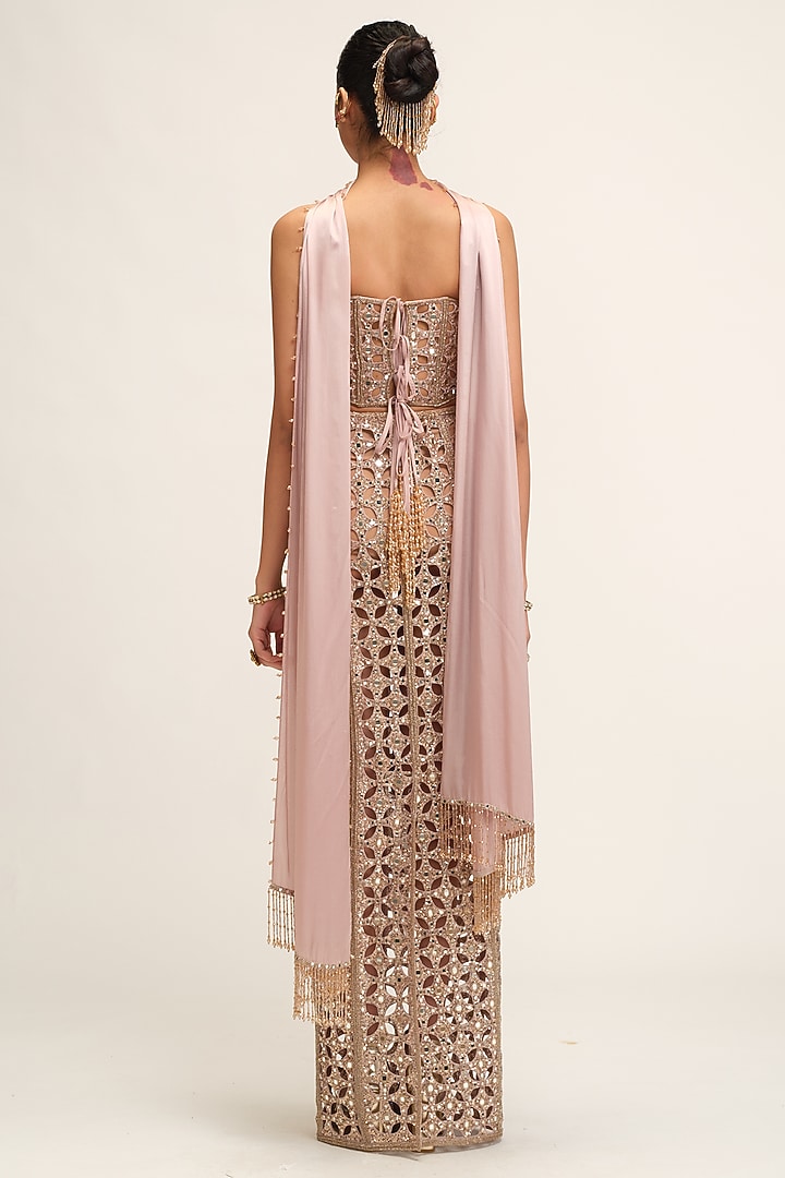 Ash Pink Georgette Cutwork Circular Pencil Skirt Set by Vvani By Vani Vats at Pernia's Pop Up Shop