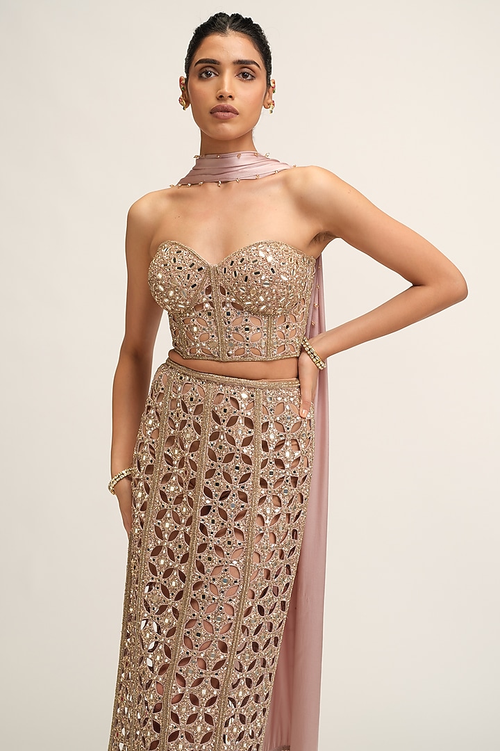 Ash Pink Georgette Cutwork Circular Pencil Skirt Set by Vvani By Vani Vats at Pernia's Pop Up Shop