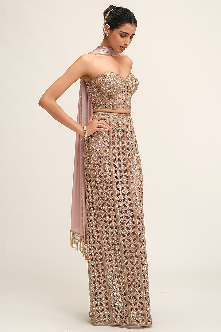 Ash Pink Georgette Cutwork Circular Pencil Skirt Set by Vvani By Vani Vats at Pernia's Pop Up Shop