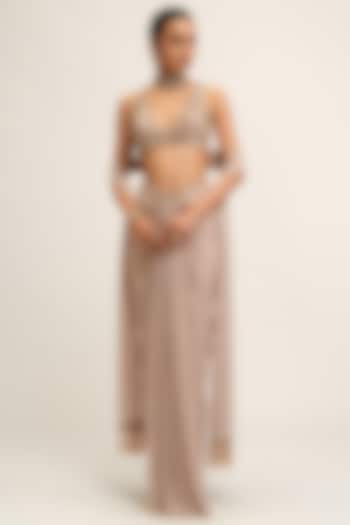 Ash Pink Georgette Sequins Embroidered Draped Skirt Set by Vvani By Vani Vats at Pernia's Pop Up Shop