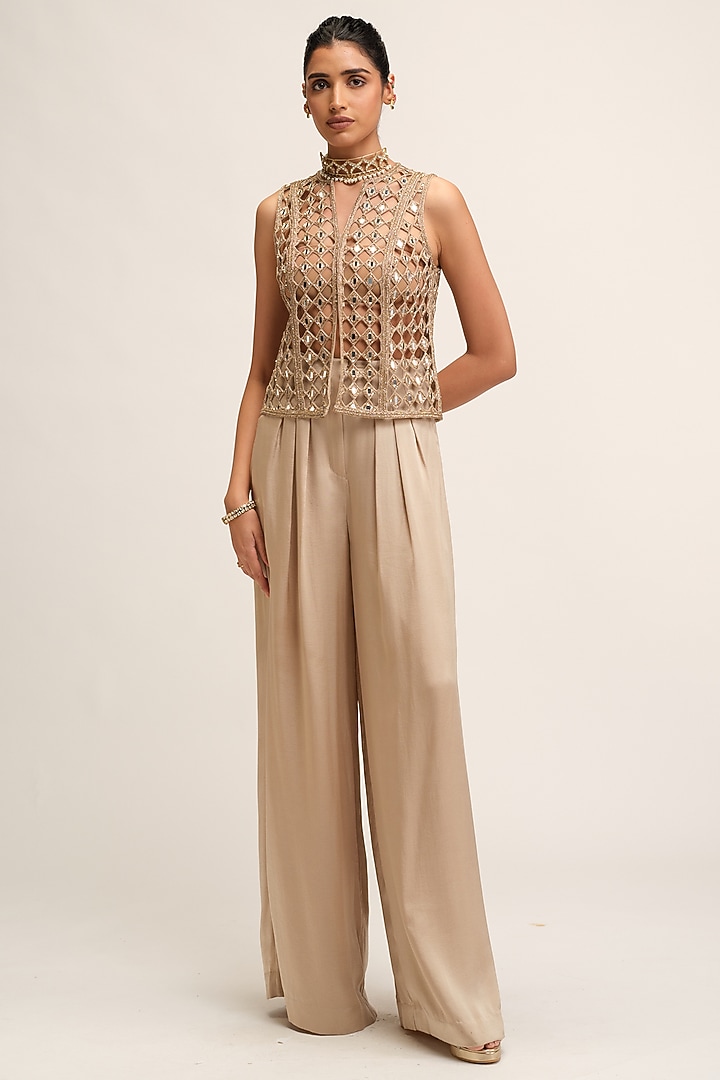 Light Beige Georgette Cutwork Jacket Set by Vvani By Vani Vats at Pernia's Pop Up Shop