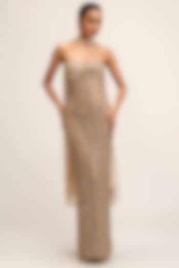 Light Beige Georgette Floral Cutwork Party Wear Dress With Stole by Vvani By Vani Vats at Pernia's Pop Up Shop