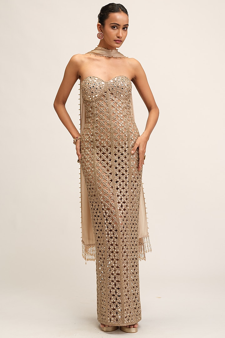 Light Beige Georgette Floral Cutwork Party Wear Dress With Stole by Vvani By Vani Vats at Pernia's Pop Up Shop