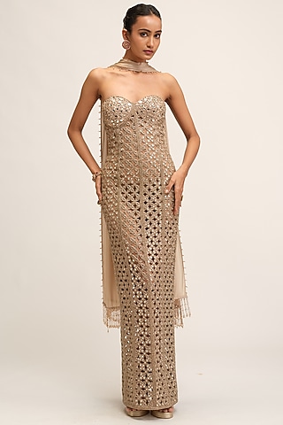 Light Beige Georgette Floral Cutwork Dress With Stole by Vvani By Vani Vats