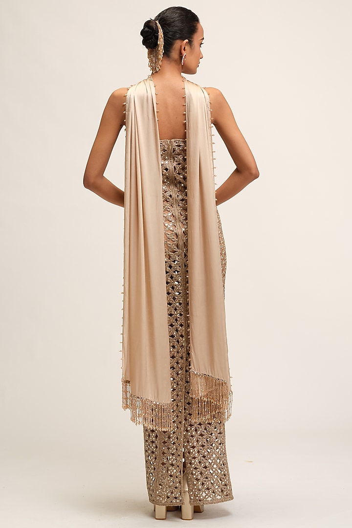 Light Beige Georgette Floral Cutwork Party Wear Dress With Stole by Vvani By Vani Vats at Pernia's Pop Up Shop