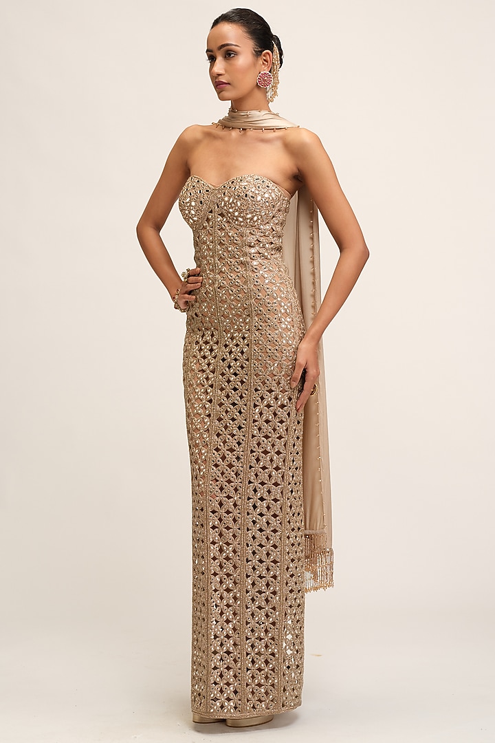Light Beige Georgette Floral Cutwork Party Wear Dress With Stole by Vvani By Vani Vats at Pernia's Pop Up Shop