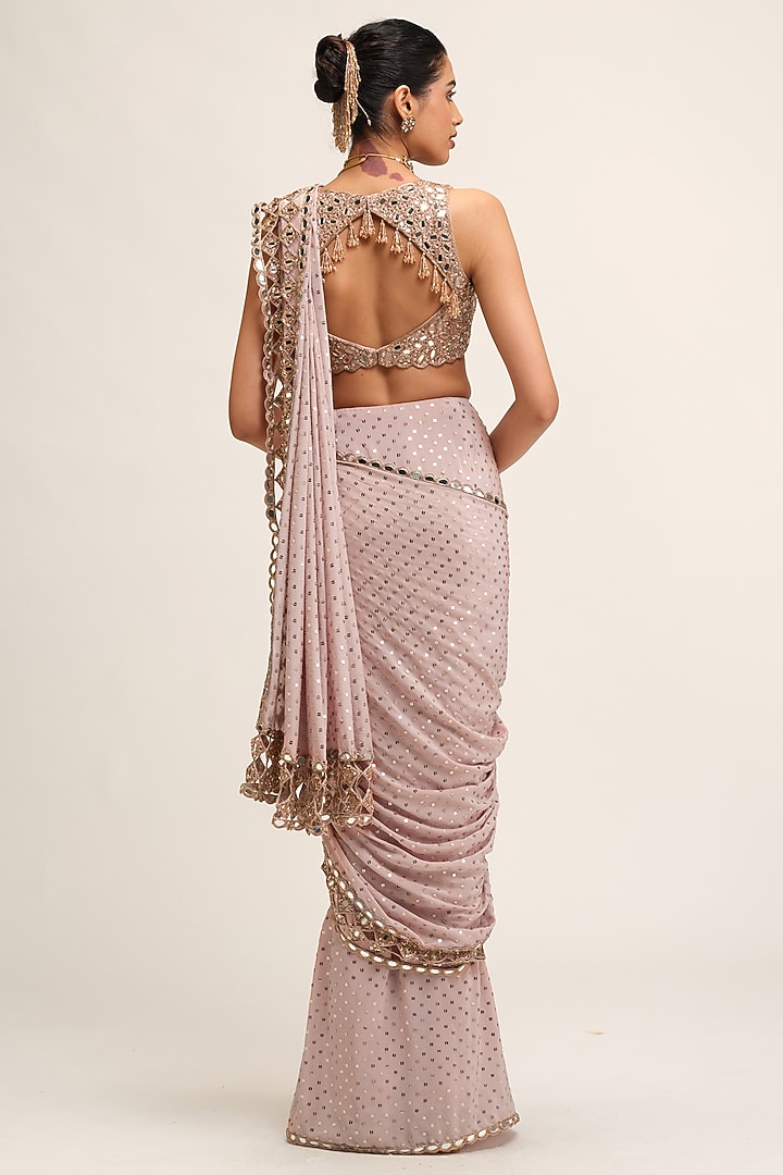 Ash Pink Crepe Cutwork Embroidered Draped Reception Saree Set by Vvani By Vani Vats at Pernia's Pop Up Shop