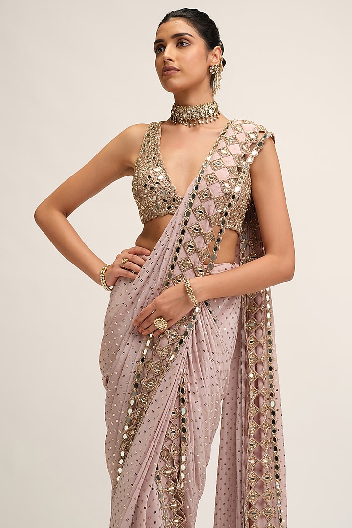 Ash Pink Crepe Cutwork Embroidered Draped Reception Saree Set by Vvani By Vani Vats at Pernia's Pop Up Shop