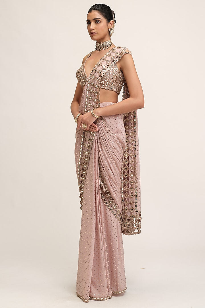 Ash Pink Crepe Cutwork Embroidered Draped Reception Saree Set by Vvani By Vani Vats at Pernia's Pop Up Shop
