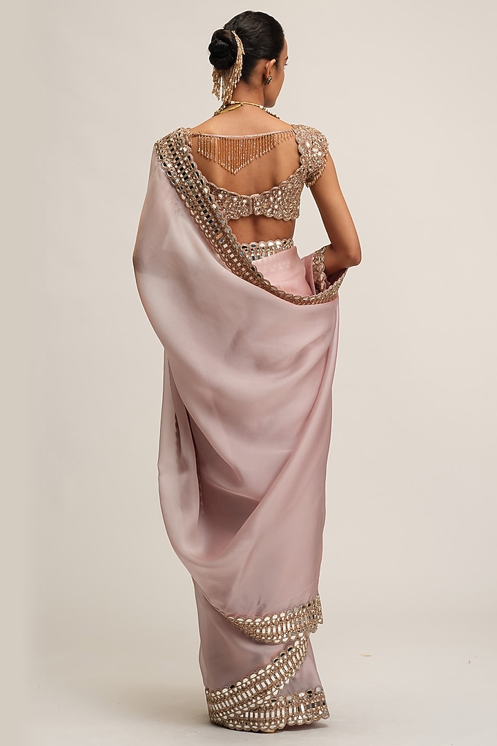 Ash Pink Satin Organza Sequins Embroidered Reception Saree Set by Vvani By Vani Vats at Pernia's Pop Up Shop