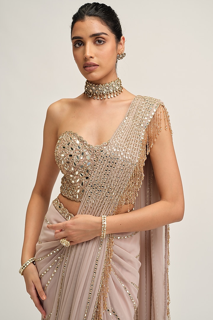 Ash Pink Georgette Mirror Embroidered Draped Reception Saree Set by Vvani By Vani Vats at Pernia's Pop Up Shop
