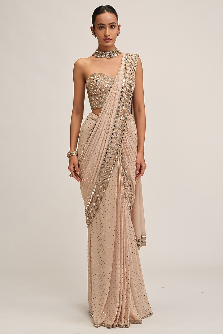 Light Beige Georgette Sequins Embroidered Draped Reception Saree Set by Vvani By Vani Vats at Pernia's Pop Up Shop