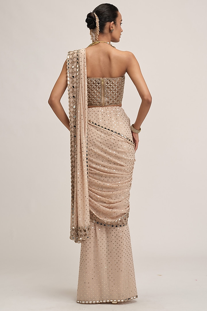 Light Beige Georgette Sequins Embroidered Draped Reception Saree Set by Vvani By Vani Vats at Pernia's Pop Up Shop