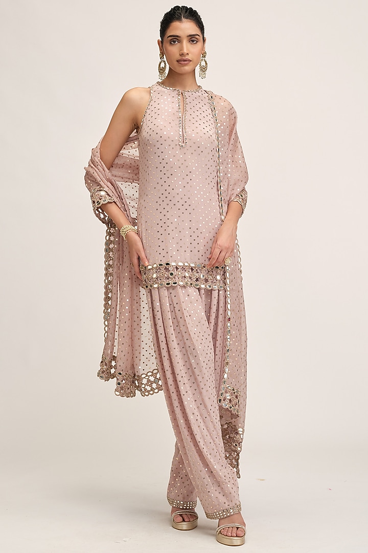Ash Pink Georgette Cutwork Embroidered Kurta Set by Vvani By Vani Vats at Pernia's Pop Up Shop