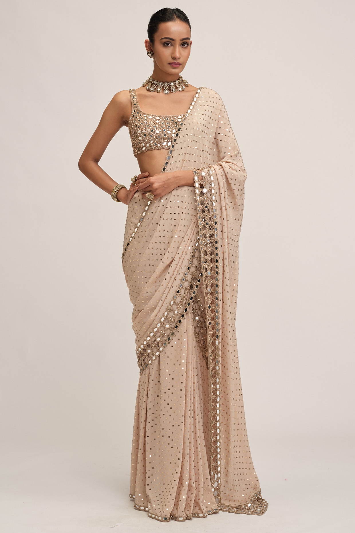 Vvani By Vani Vats Light Beige Georgette Sequins Embroidered Draped Saree Set