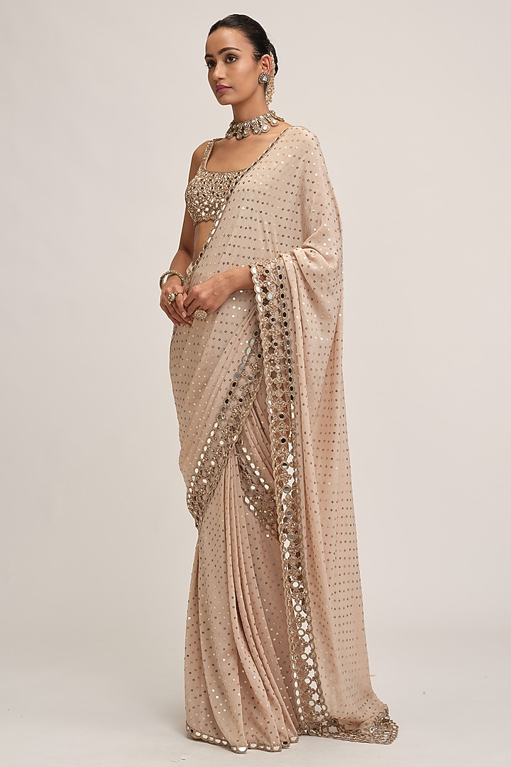 Light Beige Georgette Sequins Embroidered Draped Reception Saree Set by Vvani By Vani Vats at Pernia's Pop Up Shop