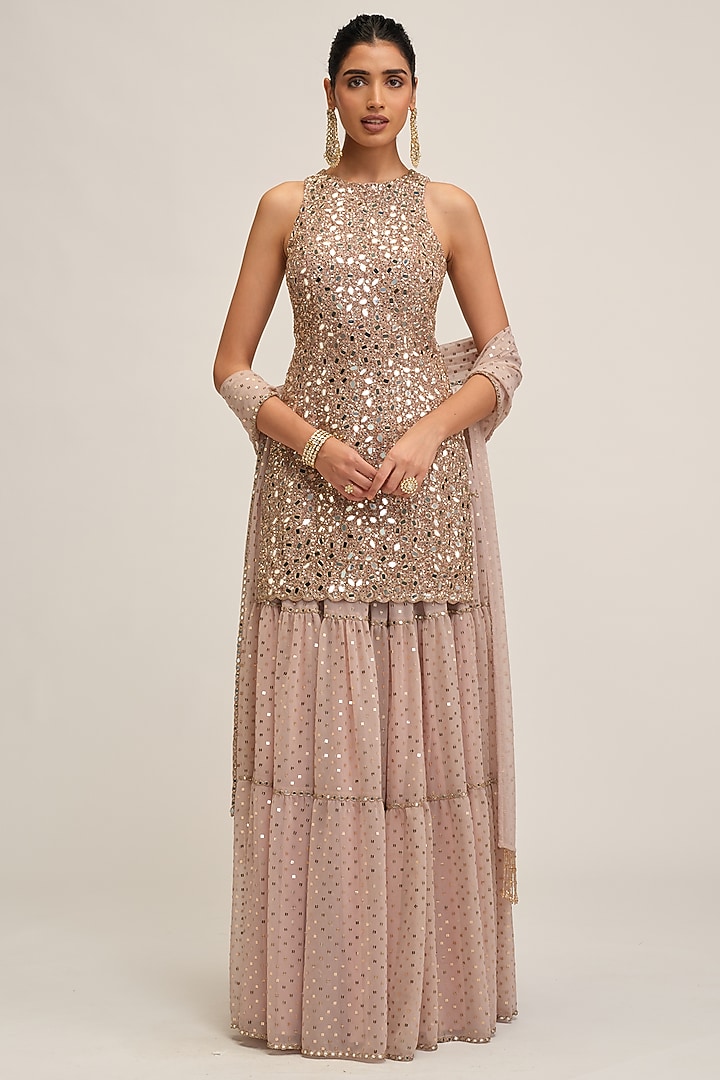 Ash Pink Georgette Sequins Embroidered Bridal Sharara Set by Vvani By Vani Vats at Pernia's Pop Up Shop