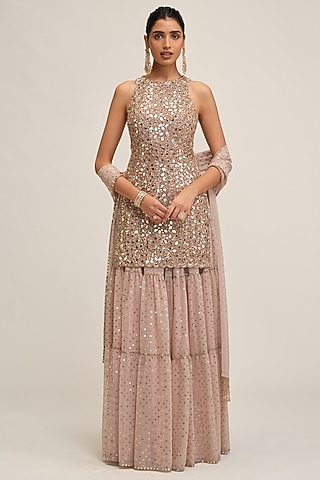 Ash Pink Georgette Sequins Embroidered Sharara Set by Vvani By Vani Vats
