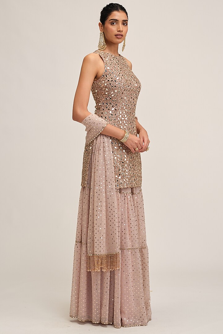 Ash Pink Georgette Sequins Embroidered Bridal Sharara Set by Vvani By Vani Vats at Pernia's Pop Up Shop