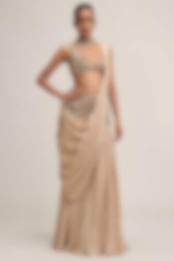 Light Beige Satin Sequins Embroidered Draped Reception Saree Set by Vvani By Vani Vats at Pernia's Pop Up Shop