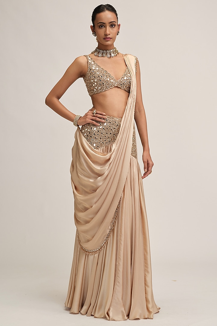 Light Beige Satin Sequins Embroidered Draped Reception Saree Set by Vvani By Vani Vats at Pernia's Pop Up Shop