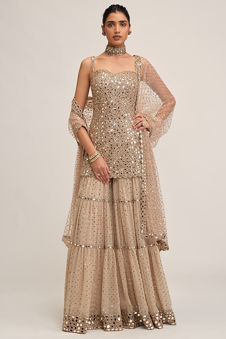 Light Beige Georgette Sequins Embroidered Bridal Sharara Set by Vvani By Vani Vats at Pernia's Pop Up Shop