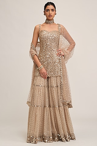 Light Beige Georgette Sequins Embroidered Sharara Set by Vvani By Vani Vats