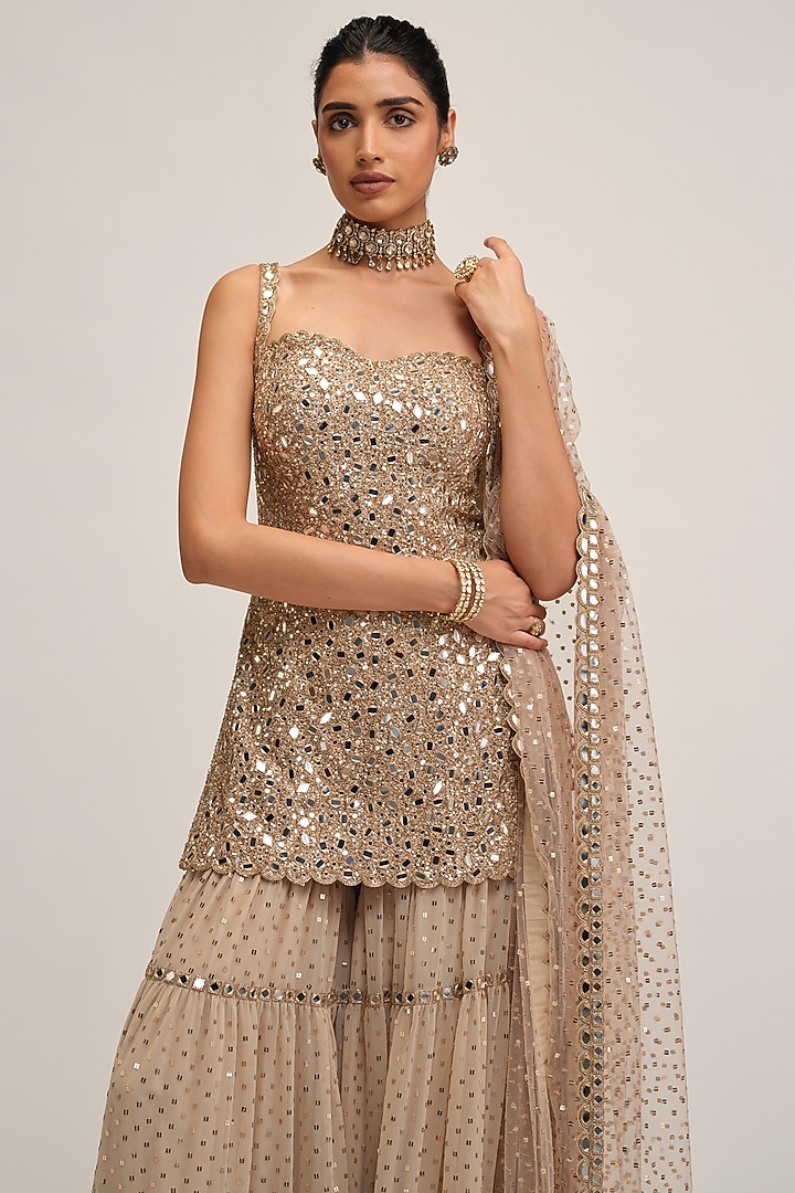 Light Beige Georgette Sequins Embroidered Bridal Sharara Set by Vvani By Vani Vats at Pernia's Pop Up Shop