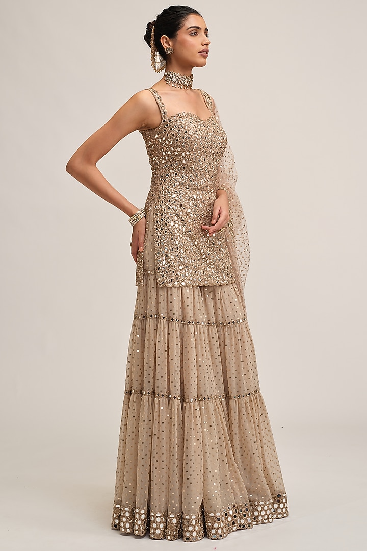 Light Beige Georgette Sequins Embroidered Bridal Sharara Set by Vvani By Vani Vats at Pernia's Pop Up Shop