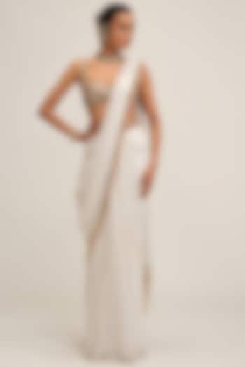 Off-White Georgette Sequins Embroidered Draped Reception Saree Set by Vvani By Vani Vats at Pernia's Pop Up Shop