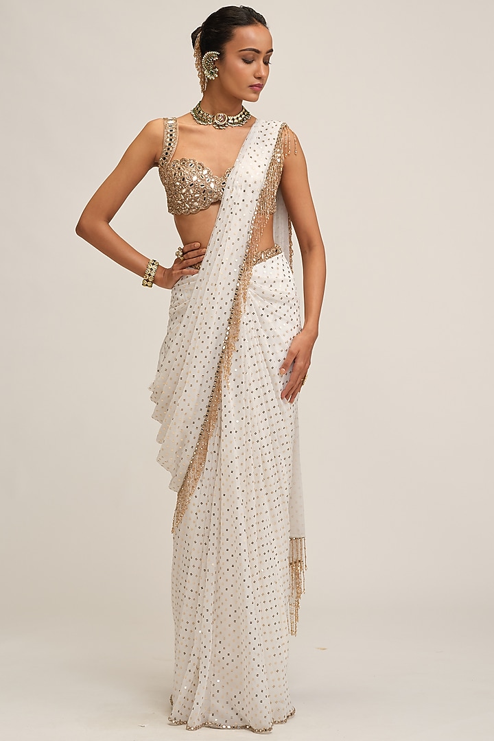 Off-White Georgette Sequins Embroidered Draped Reception Saree Set by Vvani By Vani Vats at Pernia's Pop Up Shop
