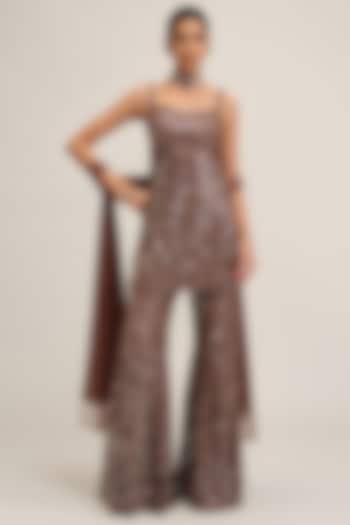 Deep Beige Net Sequins Embroidered Bridal Sharara Set by Vvani By Vani Vats at Pernia's Pop Up Shop