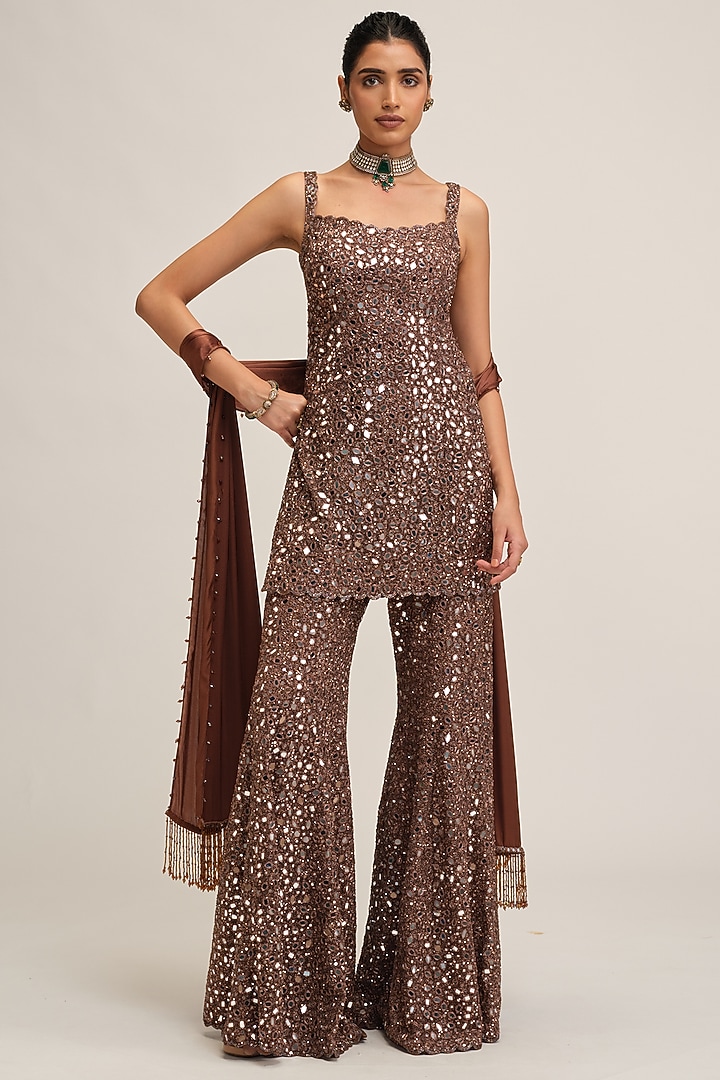 Deep Beige Net Sequins Embroidered Bridal Sharara Set by Vvani By Vani Vats at Pernia's Pop Up Shop
