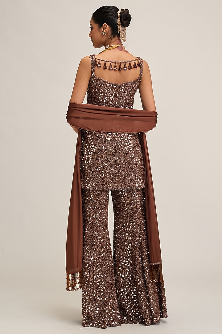 Deep Beige Net Sequins Embroidered Bridal Sharara Set by Vvani By Vani Vats at Pernia's Pop Up Shop