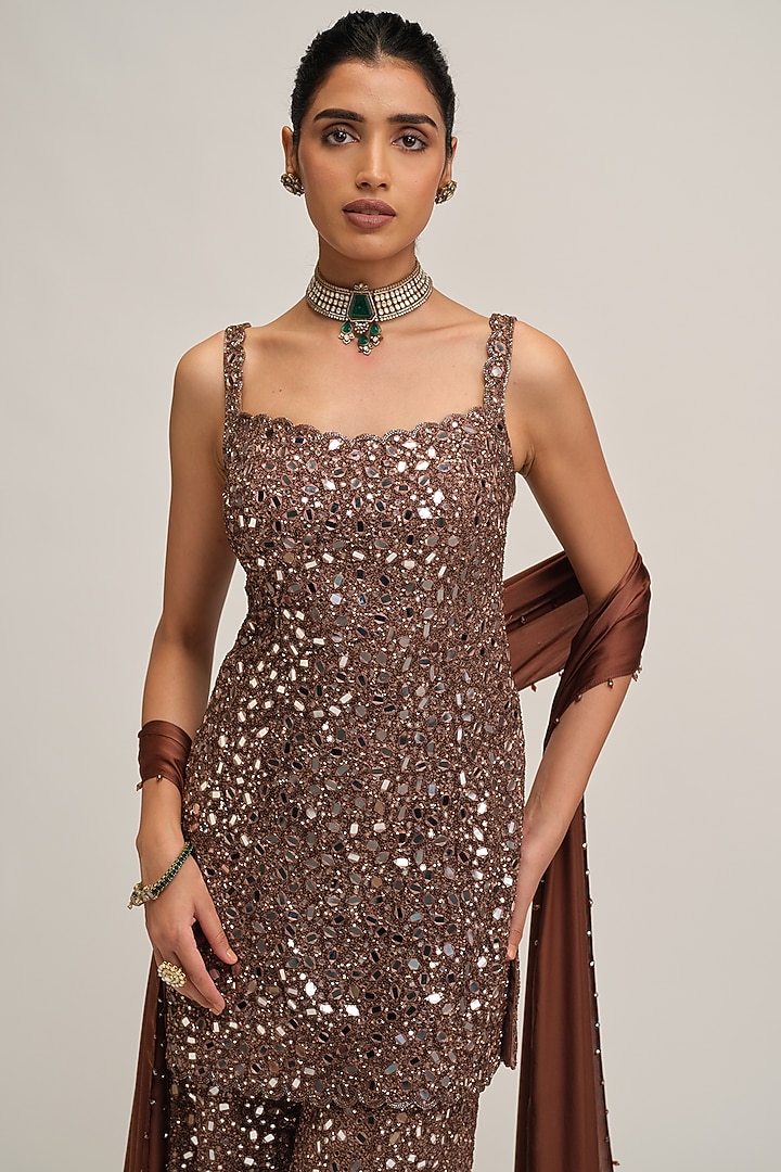 Deep Beige Net Sequins Embroidered Bridal Sharara Set by Vvani By Vani Vats at Pernia's Pop Up Shop