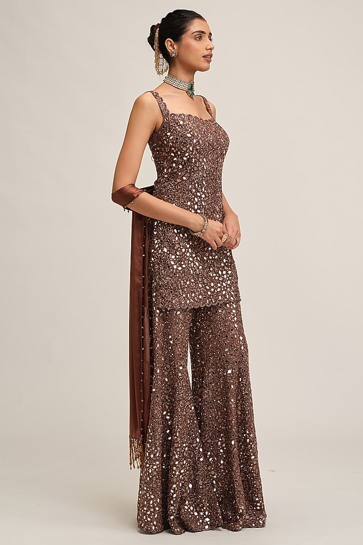 Deep Beige Net Sequins Embroidered Bridal Sharara Set by Vvani By Vani Vats at Pernia's Pop Up Shop