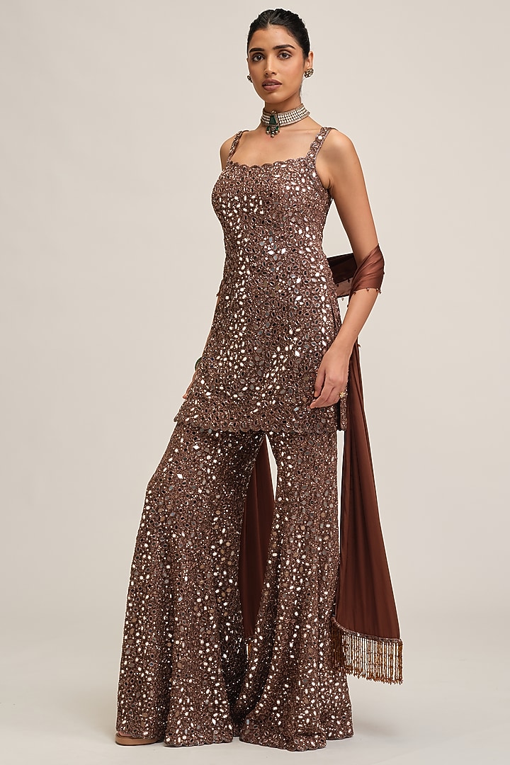 Deep Beige Net Sequins Embroidered Bridal Sharara Set by Vvani By Vani Vats at Pernia's Pop Up Shop